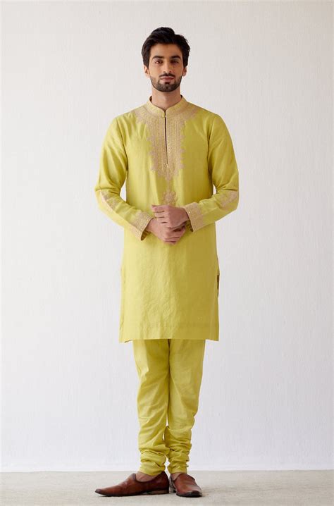 Devnaagri - Lime Green Embroidered Chanderi Kurta Set