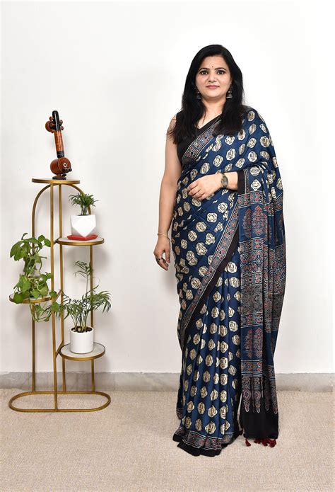 NAIMA : AJRAKH HANDBLOCK MODAL SILK SAREE – EkBanni