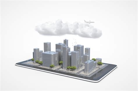 Plan of the urban area in the cell phone with clouds | Premium Photo