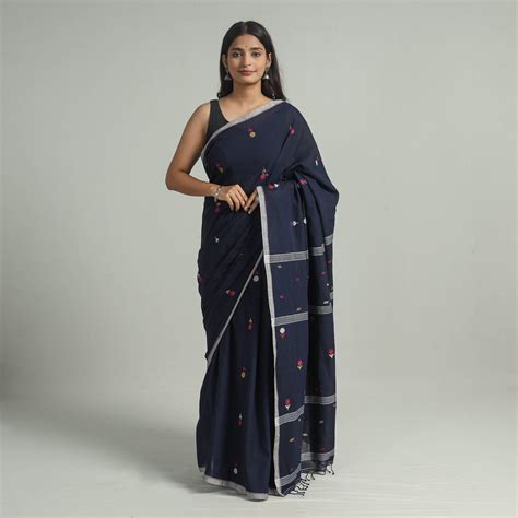 Blue Handloom Cotton Phulia Jamdani Saree with Tassels