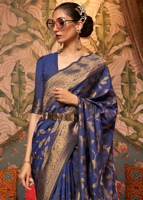 NAVY BLUE ZARI WOVEN TWO TONE BANARASI CHINON SILK SAREE ...