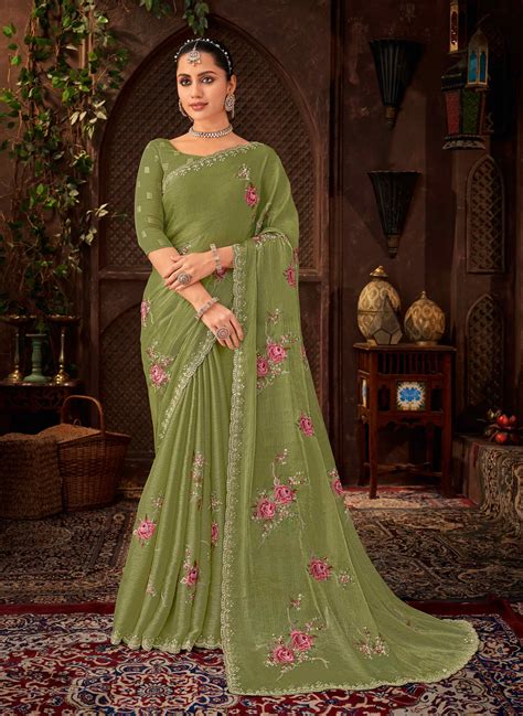 Laxmipati Firki Floral Embroidered Chiffon Saree in Green Color with U