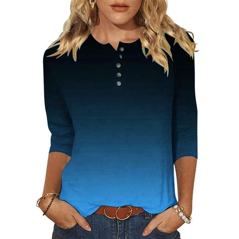 3/4 Sleeve T-shirts Button Henley Neck Women's Three Quarter Sleeve ...