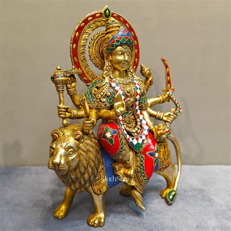 Brass Durga Mata Idol Stonework 15 Inch | Budhshiv.com
