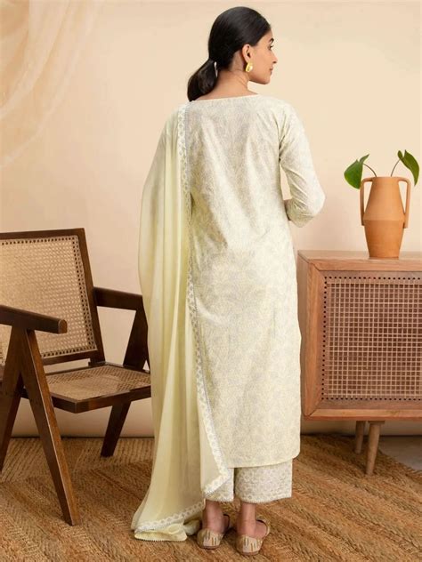 Buy Yellow Printed Cotton Straight Kurta With Palazzos & Dupatta Online ...