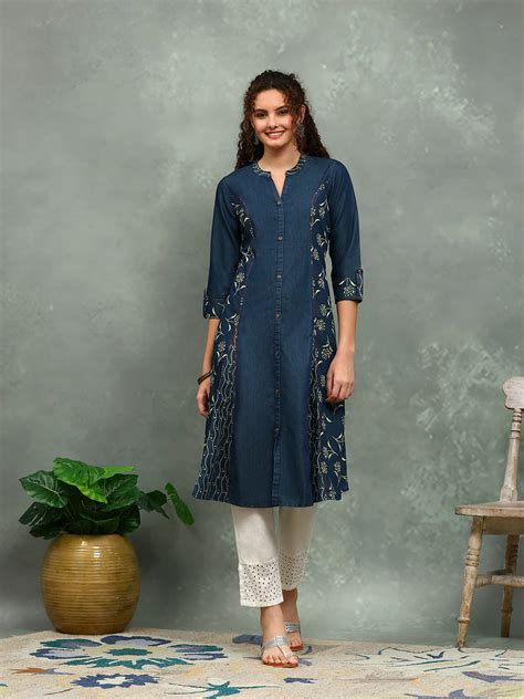 Printed Denim Kurta – mbz.in
