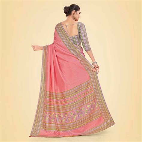 Women's Premium Mulberry Silk Plain Gaala Border Airline Uniform Saree ...