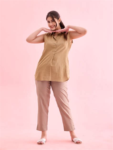Beige Poly Modal Metallic Pants – Go Colors India