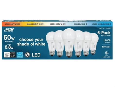 Feit Electric Dimmable LED Bulbs, 60 Watt A19 E26, Selectable Color ...