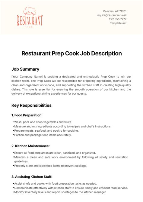 Free Restaurant Prep Cook Job Description Template to Edit Online