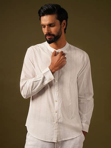 Shop Jaypore Men White Cotton Printed Block Print Mandarin Collar ...