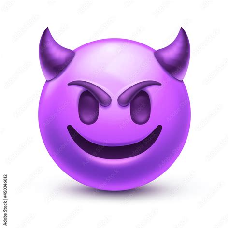 Evil devil emoji. Happy purple emoticon with devil horns, gloating ...