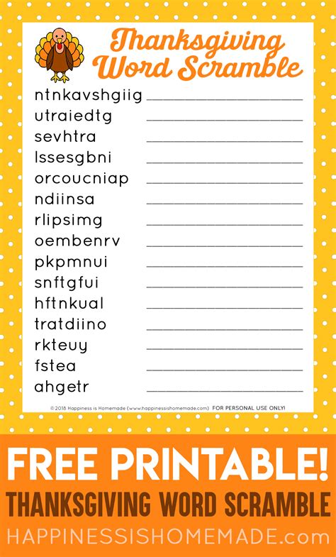 Printable Thanksgiving Word Scramble