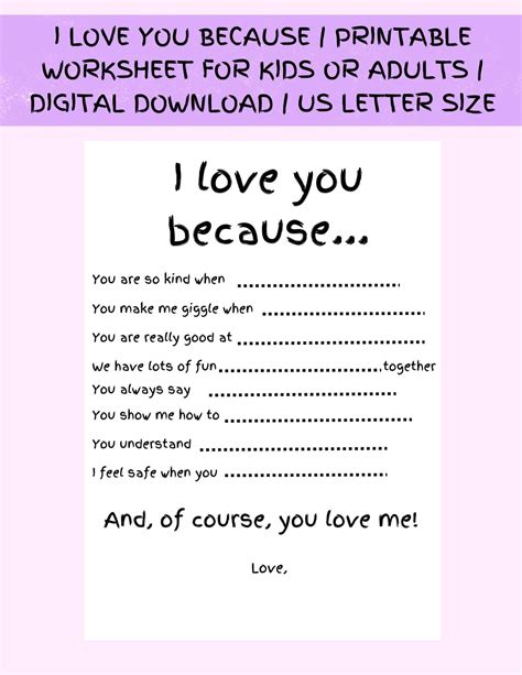 I Love You Because | Printable Gift | Worksheet for Kids or Adults | Fill in the Blanks ...