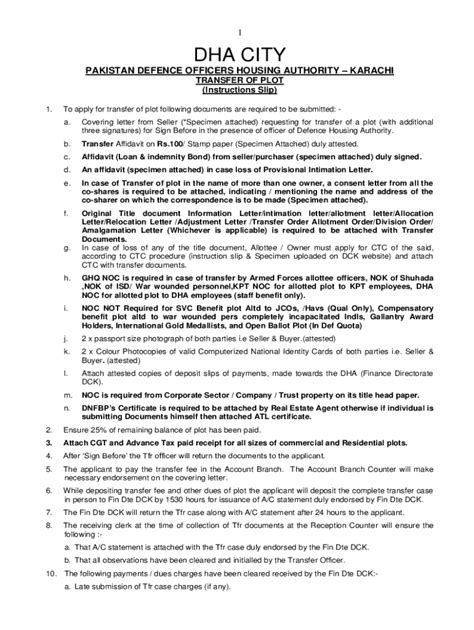 Fillable Online Transfer of Plot - Defence Housing Authority, Karachi ...