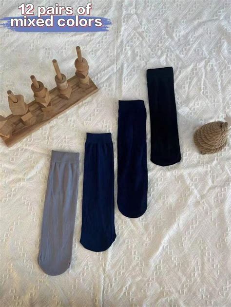 12 Pairs Men's Thin Breathable Silk Mid-Calf Socks, Multi-Color, Casual ...
