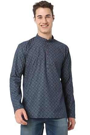 Buy Mens Cotton Blend Printed Full Sleeve Short Kurta Shirt with ...