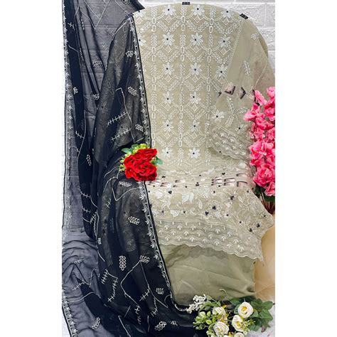 Beige Floral Embroidered Georgette Pakistani Suit
