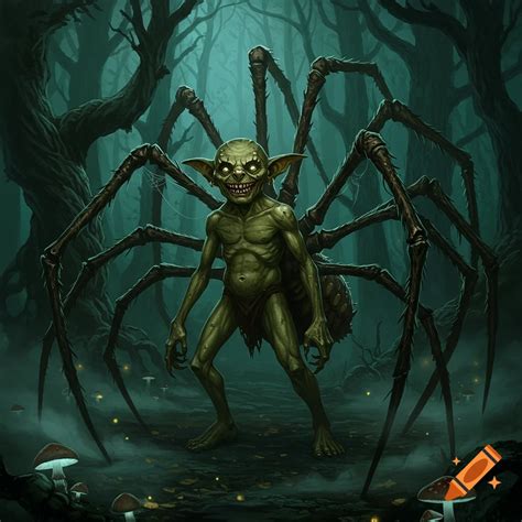 A grotesque green goblin monster with many spider legs on its back ...