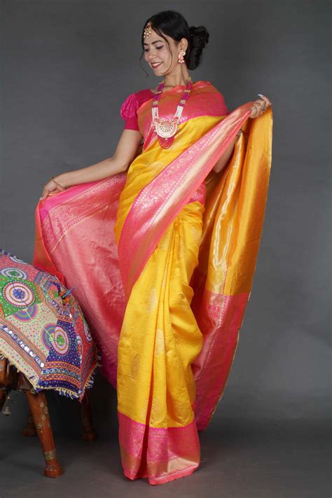 Ready-to-wear Orange & Pink Banarasi One Minute Saree | Isadora Life ...