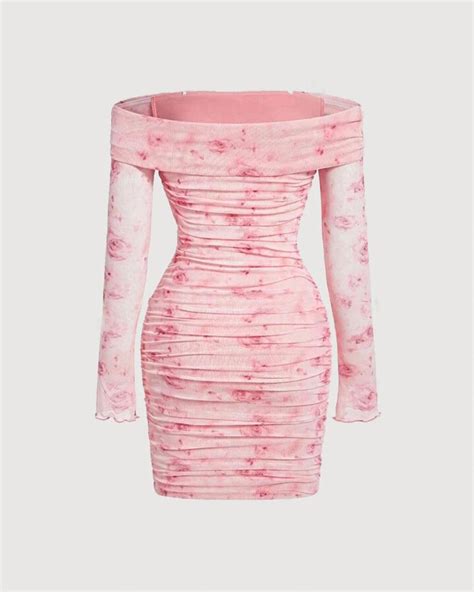 Floral Print Off Shoulder Ruched Mesh Bodycon Dress | Littlebox India