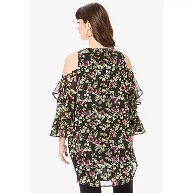 Roaman's Women's Plus Size Cold Shoulder Georgette Big Shirt