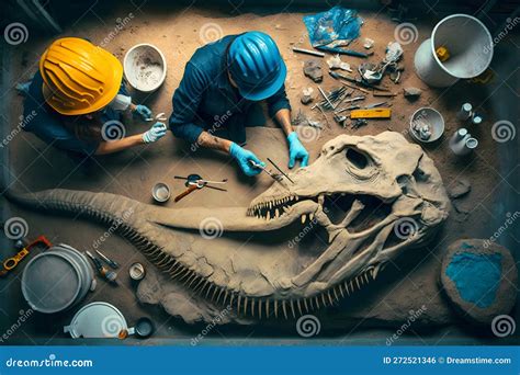 Archaeologist Works on an Archaeological Site with Dinosaur Skeleton in ...