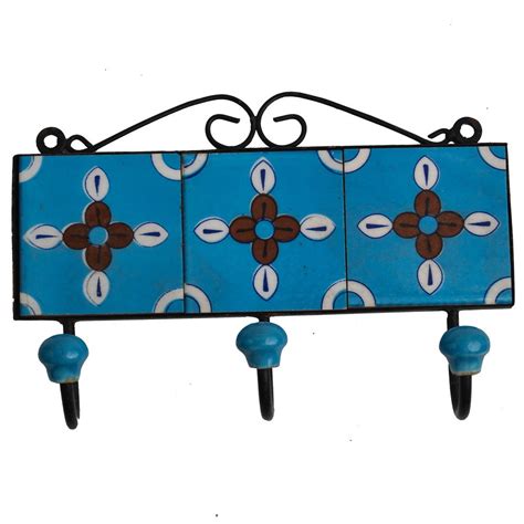 Arts turquoise Color Ceramic Rajasthani Art Work 3 Hook Hanging ...