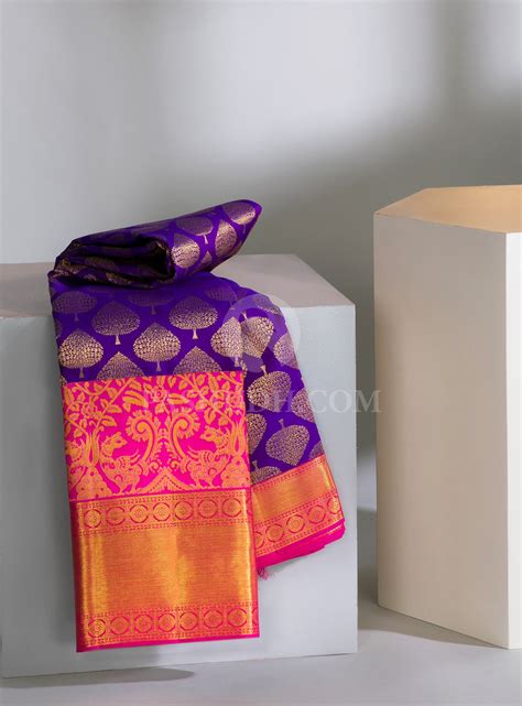 Royal Blue - Rani Pink Pure Kanjivaram Silk Saree with Gold Zari Tree ...