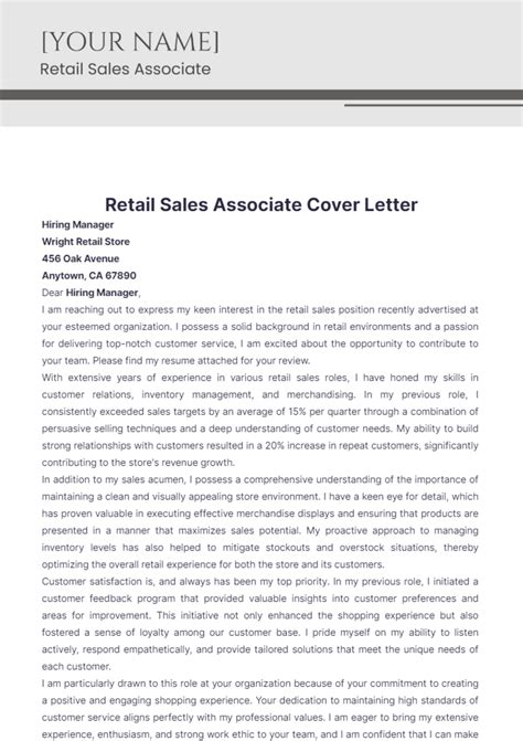 Free Retail Sales Associate Cover Letter Template to Edit Online