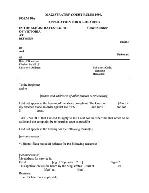 Fillable Online MAGISTRATES COURT RULES 1999 FORM 30A APPLICATION FOR ...