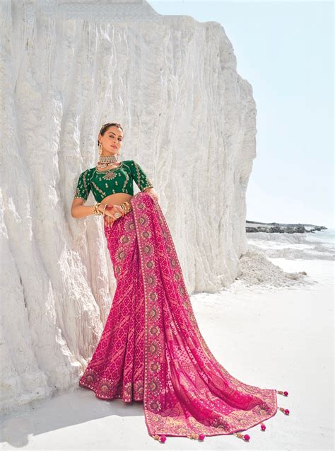 Pink Bandhani Saree with Zari Borders & Dual Designer Blouses – Anant ...