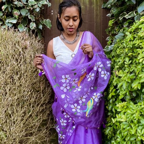 Organza Hand-Painted Saree with Birds & Flowers - Purple – Phulari