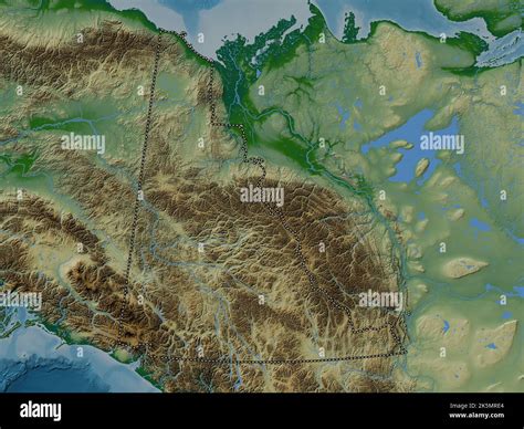 Yukon, territory of Canada. Colored elevation map with lakes and rivers ...
