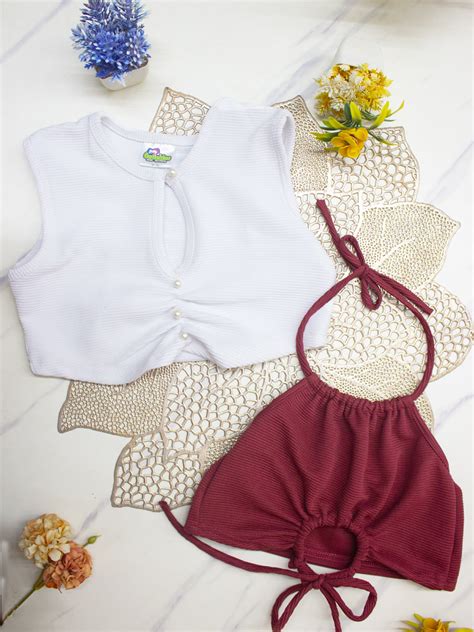 Cutiekins Girls Solid Embellished Crop Tops(Pack of 2) -White & Rust