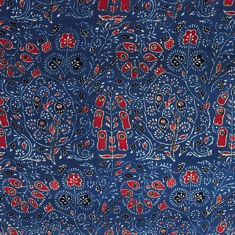 Pure Cotton Gad Ajrak Rust Blue With Red Flower Garden Hand Block Prin ...