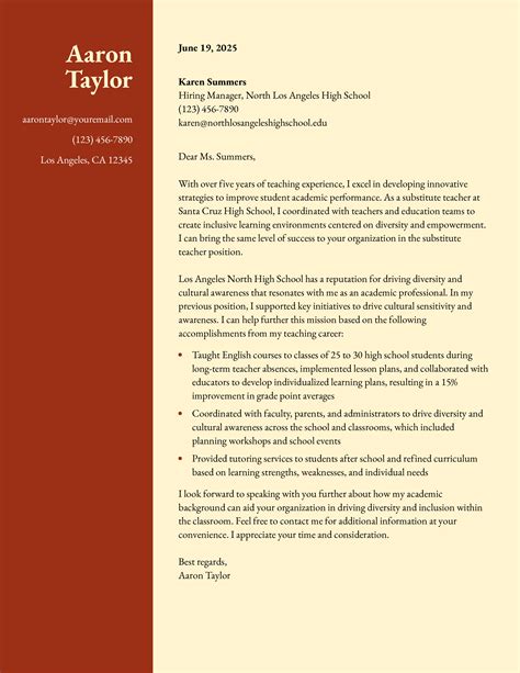 Substitute Teacher Cover Letter Samples