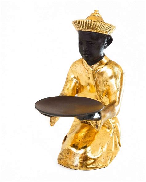 Golden Metallic Statue Of Sitting Asian Man With Tray – MoonRiverDesign