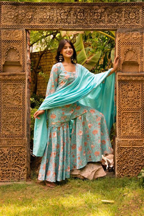 Aqua Blue Printed Cotton Sharara Set – Glamwiz India