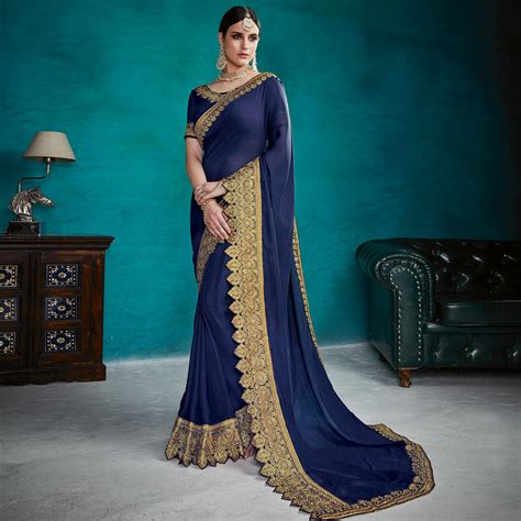 Groovy Navy Blue Colored Partywear Embroidered Rangoli Silk Saree
