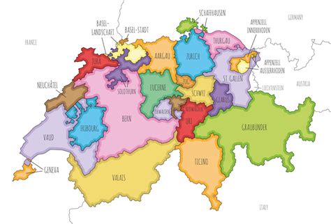 illustrated regional map of Switzerland with cantons and administrative ...