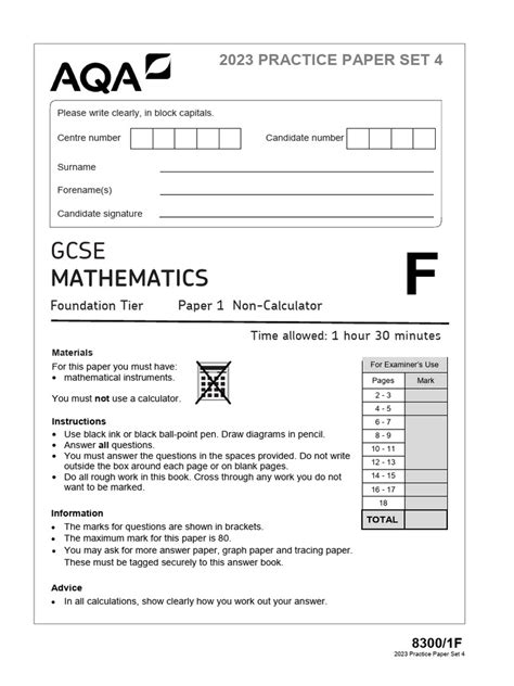 8300 Gcse Maths Practice Paper Set 4 1f Question Paper | PDF | Area ...