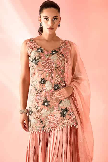 Buy Peach Organza, Crepe Sequins, Cut Work, Floral Bloom Applique Kurta ...