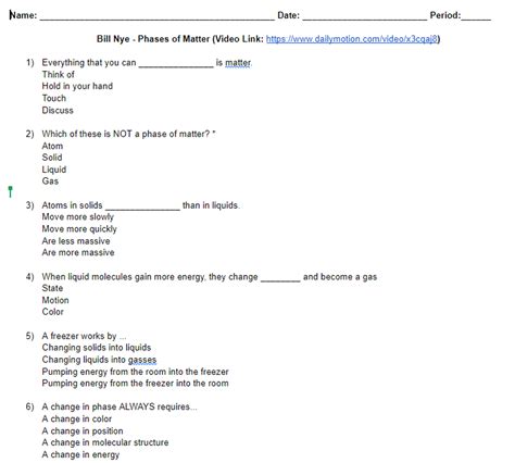 Bill Nye Phases Of Matter Video And Worksheet