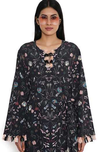 Buy Black Crepe Tassels Round Neck Forest Print Kaftan For Women by PS ...