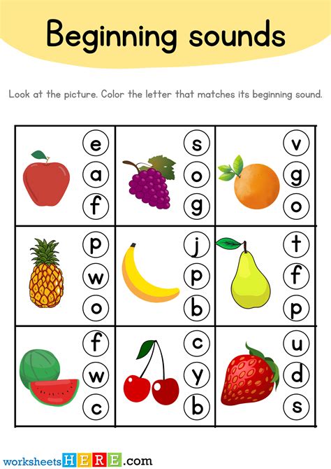 Beginning Sounds Worksheet with Fruits, Starting Sound Activity for Kids - WorksheetsHere.com in ...