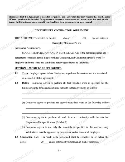 Deck Builder Contractor Agreement - Self-Employed | US Legal Forms