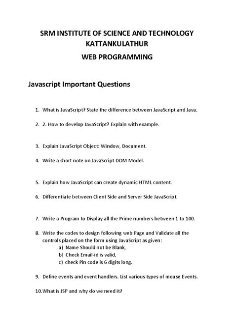 Web Programming - Important Qs for JS Exam (SRM University) - Studocu