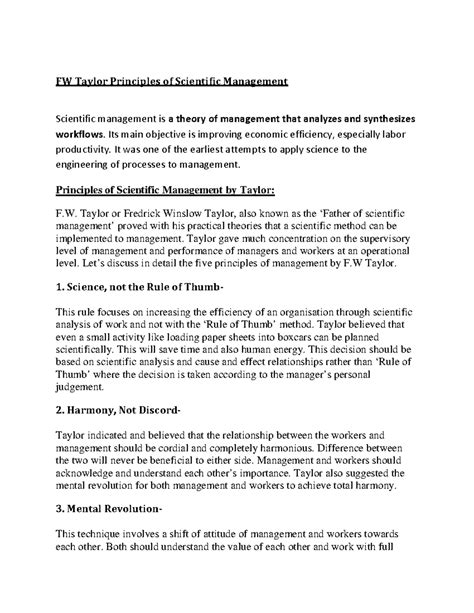 F W Taylor Scientific Management Principles - FW Taylor Principles of ...