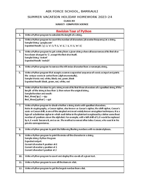 12 CS - AIR FORCE SCHOOL, BAMRAULI SUMMER VACATION HOLIDAY HOMEWORK ...